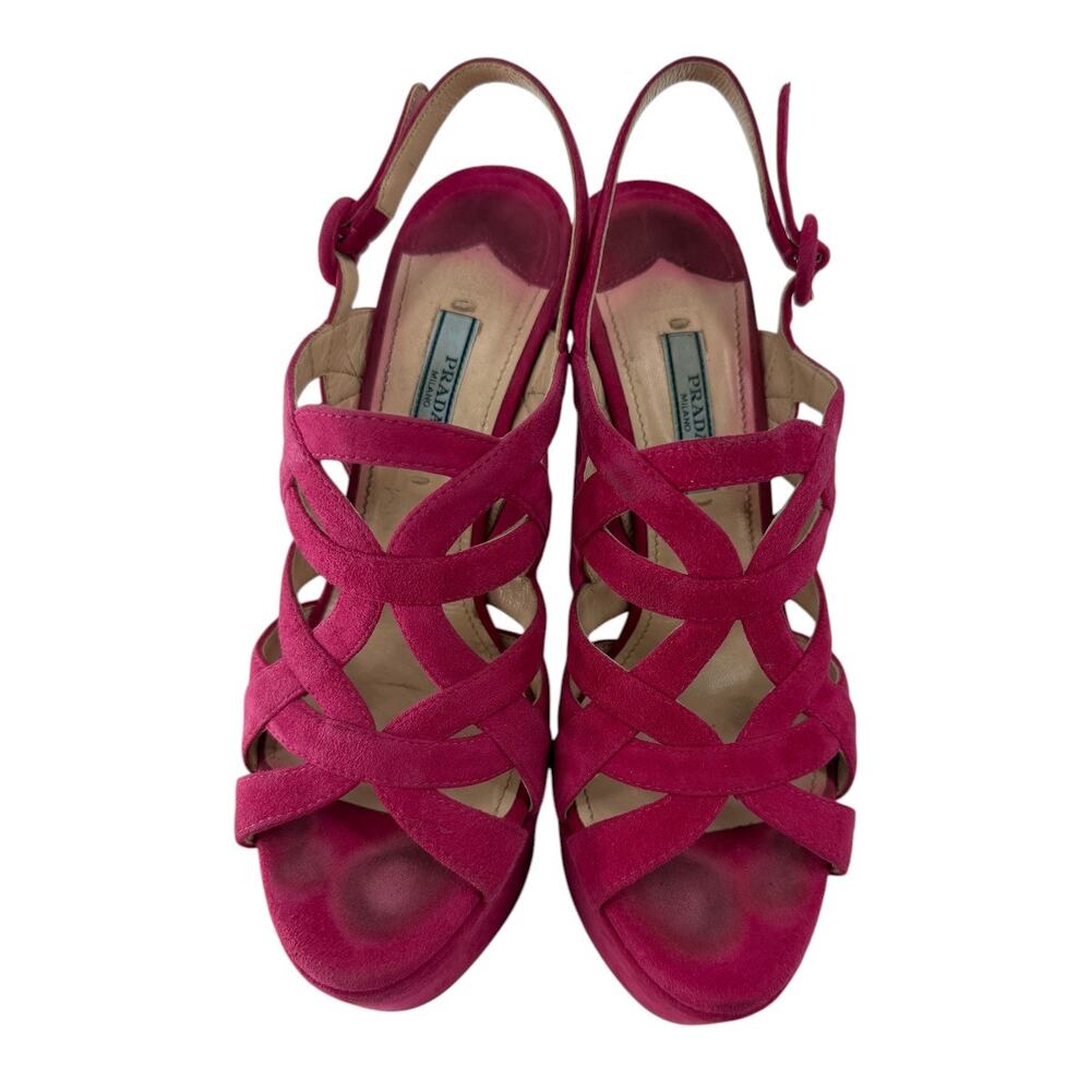Prada Suede Open Toe Block Heel Strappy Platform Sandals Pink Women's Size 37